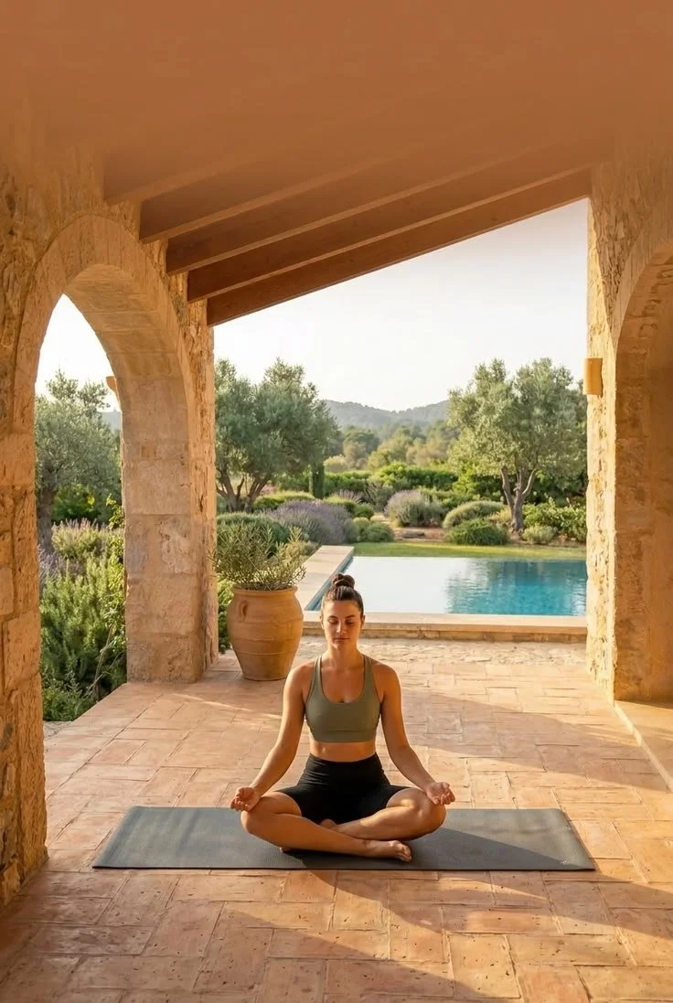 A woman practicing yoga in a meditative pose on a mat under a stone archway with a view of a lush garden and a swimming pool.