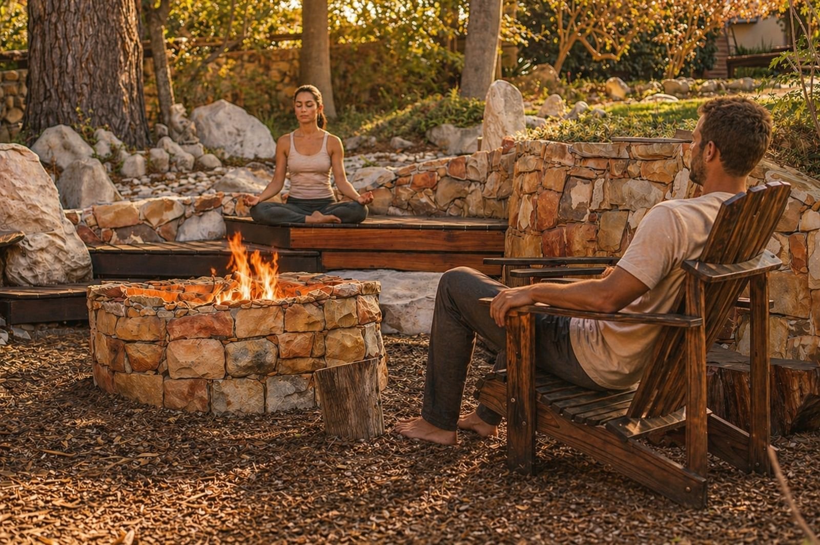 A man and a woman are sitting by a fire pit in a healing sanctuary surrounded by rocks and trees, with the woman practicing meditation and the man relaxing in a wooden chair.