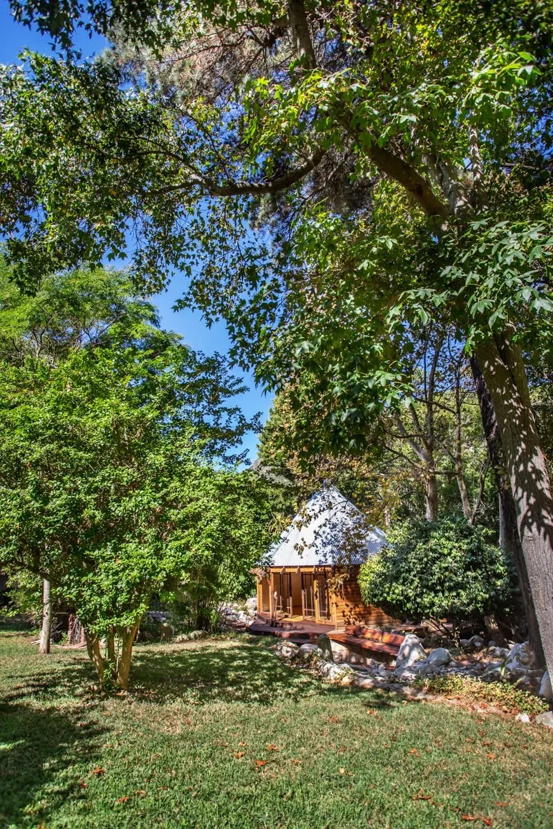 A small wooden cabin with a metal roof is nestled among trees in a lush, green yard on a sunny day.