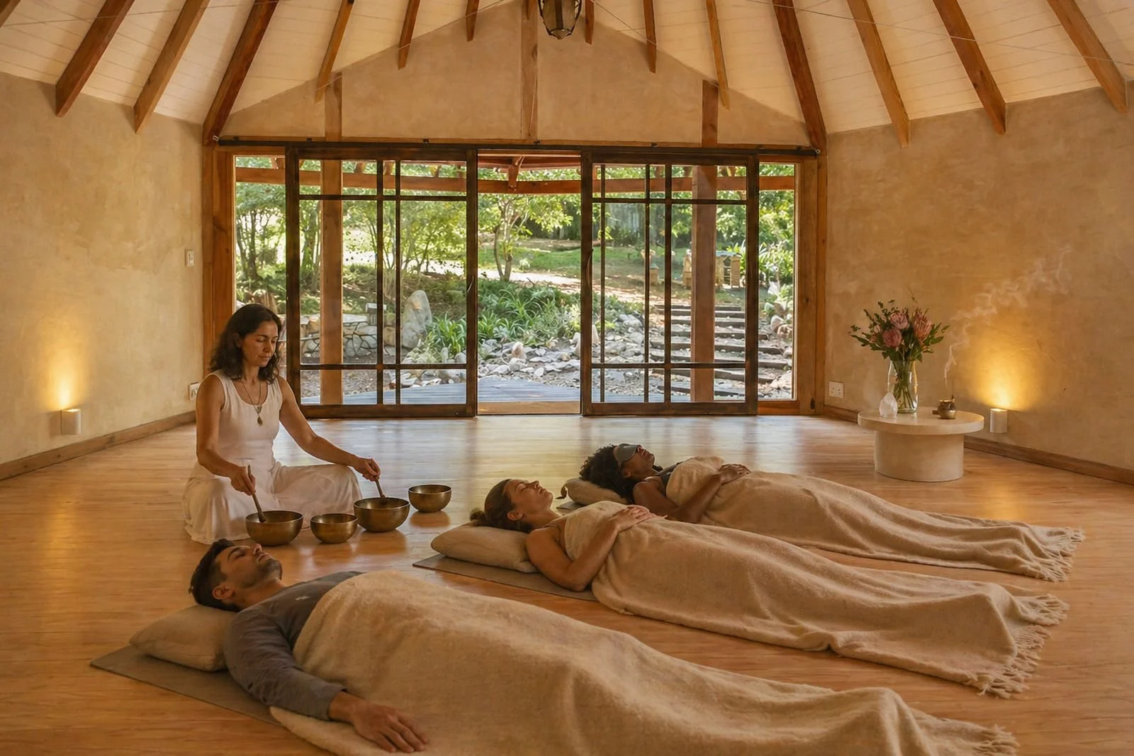 People receiving a sound bath or meditation session in a serene yoga studio with wooden floors, large windows, and outside greenery.