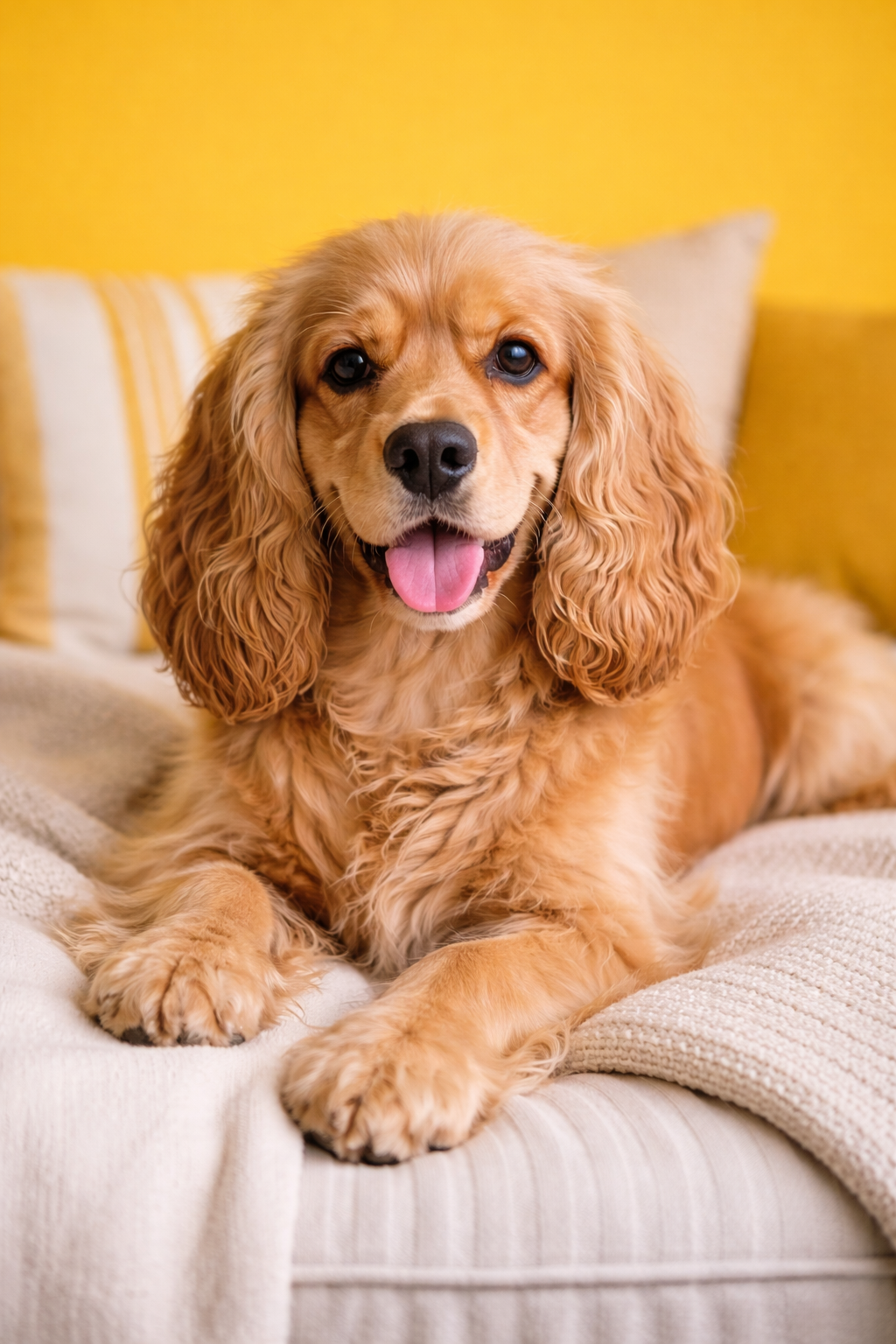 A happy golden Cocker Spaniel dog lying on a cozy sofa, with a yellow background and pillows.