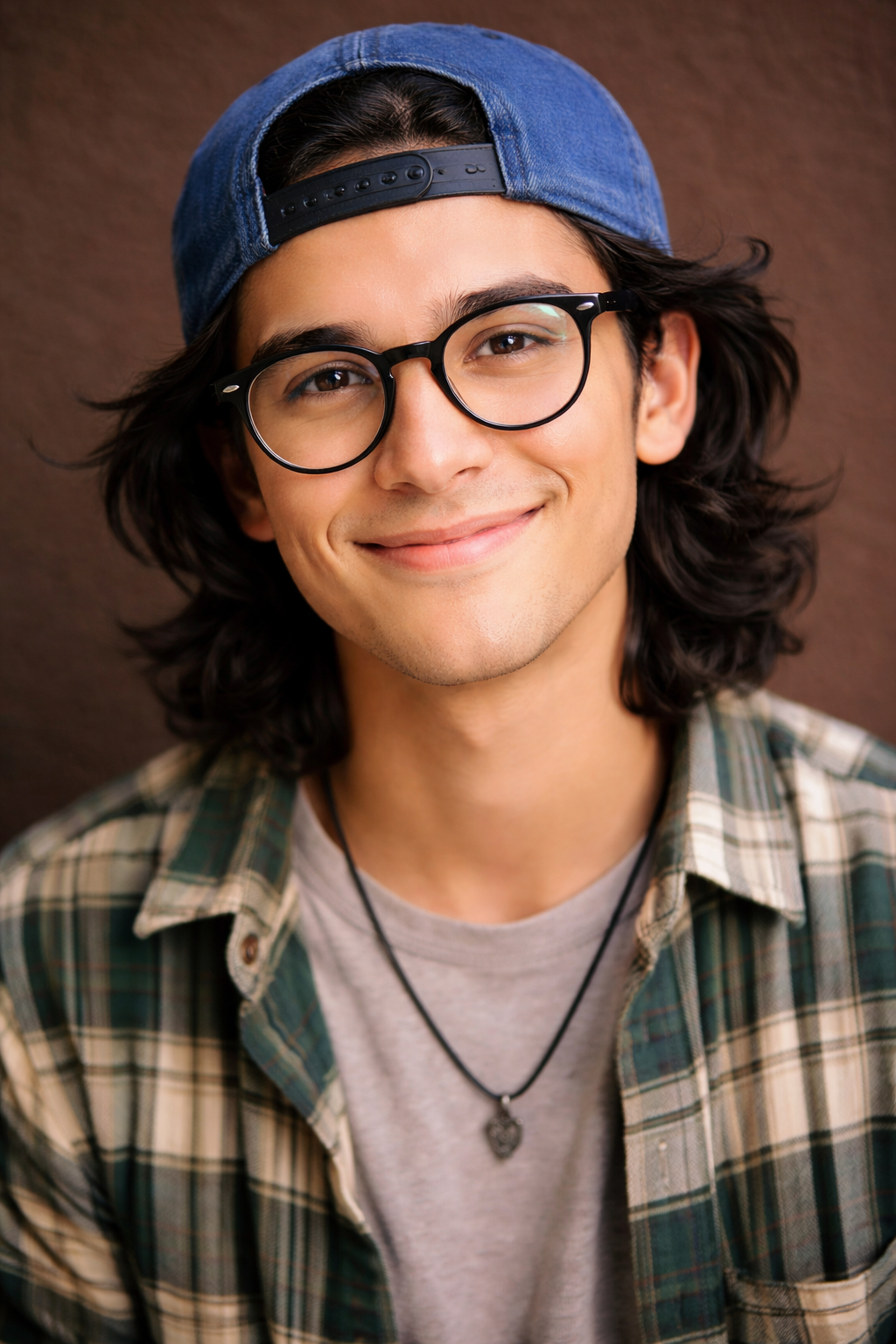 Young man with long, wavy dark hair, wearing glasses, a blue backward baseball cap, a plaid shirt, and a necklace, smiling at the camera, against a brown background.