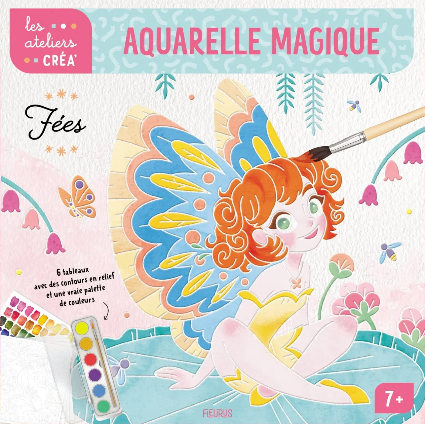 Une image d'un kit de dessin pour faire des aquarelles magiques, illustrant une fille avec une monture de papillon colorée, entourée de fleurs et d'insectes, destiné aux enfants à partir de 7 ans.