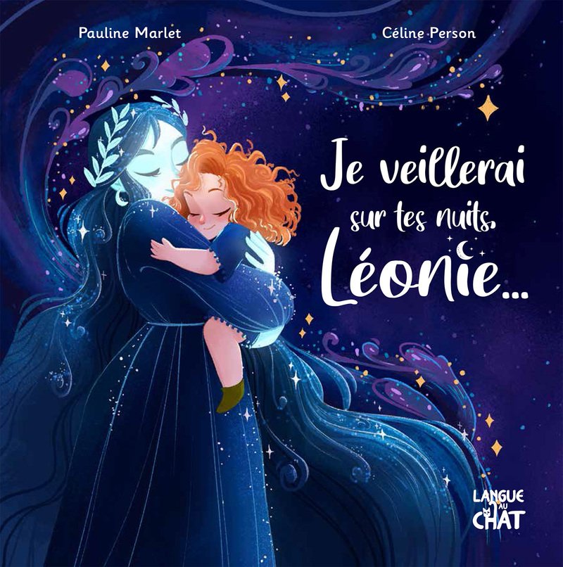 Illustration d'une femme aux longs cheveux bleus et une fille aux cheveux roux qui s'embrassent dans une étreinte affectueuse sous un ciel étoilé.