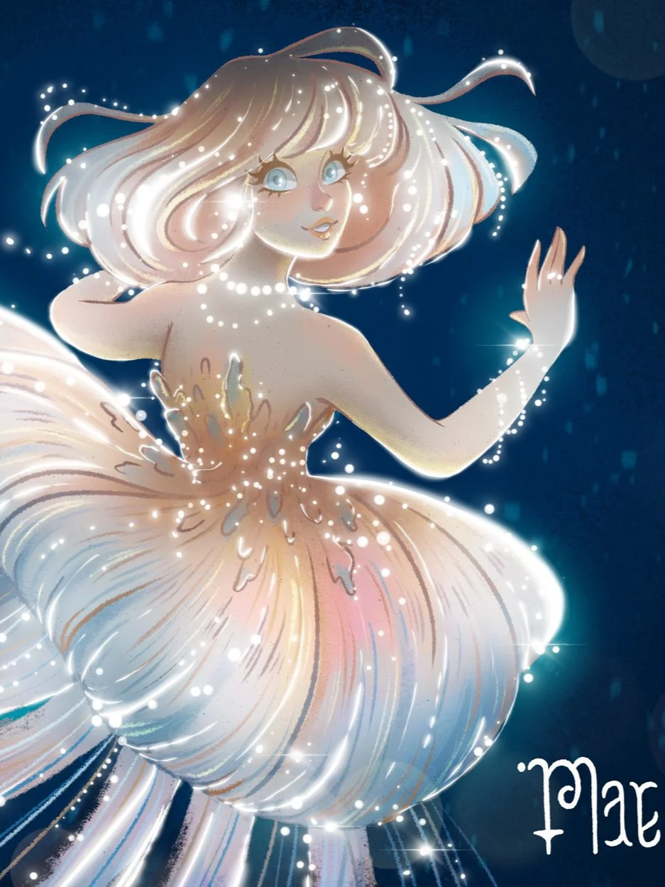 Une illustration d'une femme sirène aux cheveux blonds, entourée d'étincelles brillantes, nageant dans un fond marin sombre. 