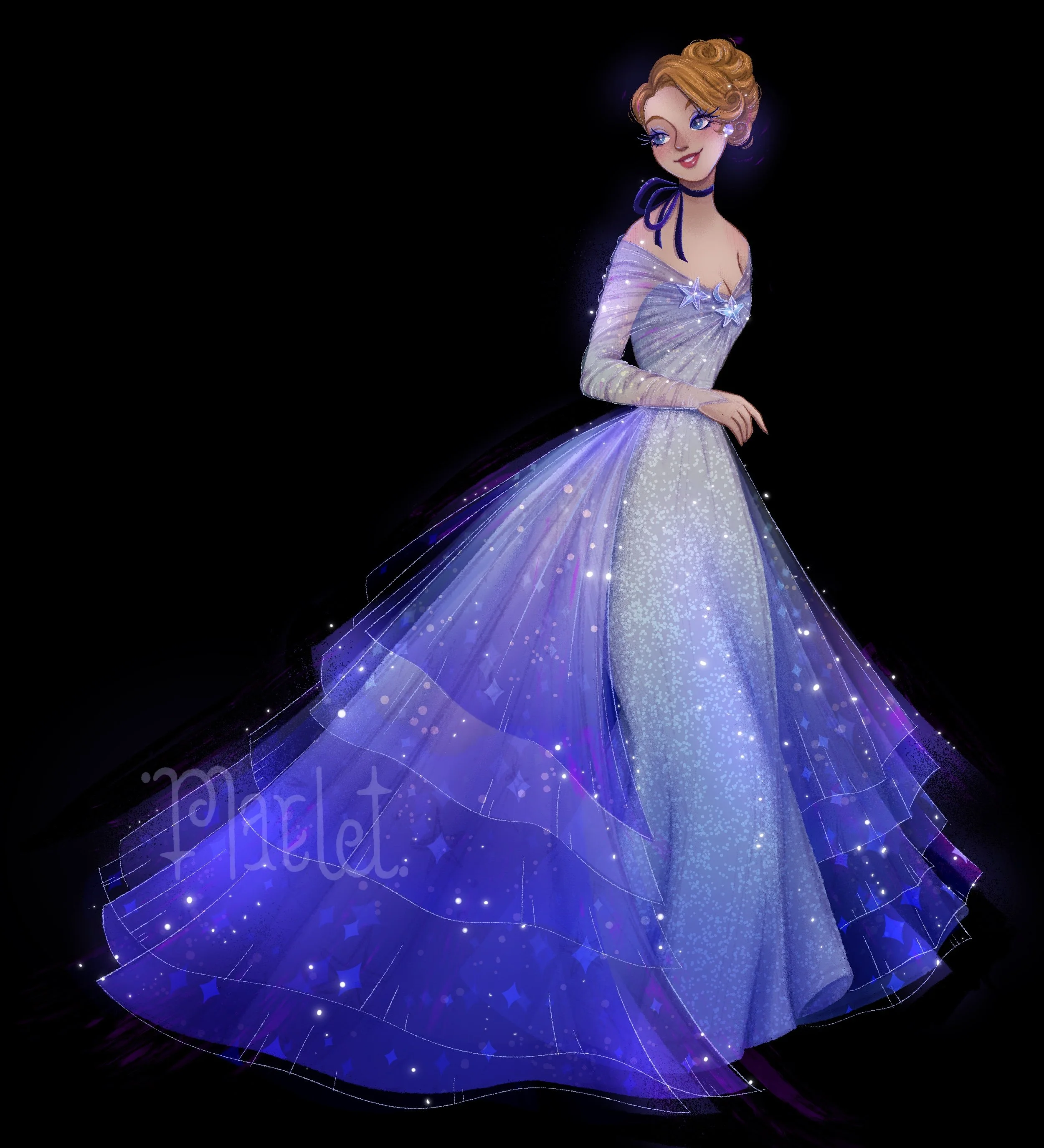 Une illustration d'une princesse habillée d'une robe étoilée bleue et blanche, avec une couronne, dans un style animé, entourée d'effets lumineux et d'un ciel étoilé en arrière-plan.