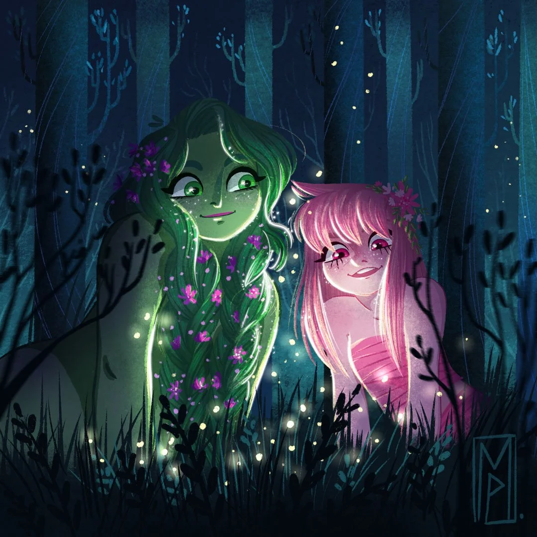 Deux créatures fantastiques dans une forêt enchanted la nuit, entourées de lucioles, l'une avec des cheveux verts et des fleurs violettes, l'autre avec des cheveux roses et des fleurs roses, sourire et apparence amicale.