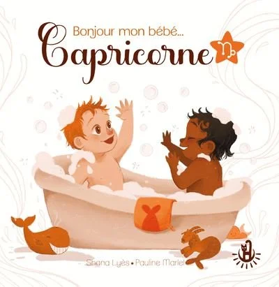 Deux bébés dans un bain, jouant et riant, avec des effets de bulles et des animaux en peluche autour.