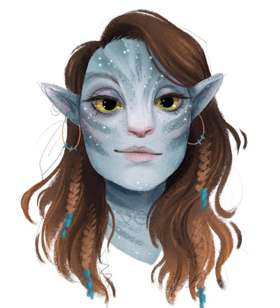 Une illustration d'une femme fantaisiste avec une peau bleu-gris, des traits félins, des oreilles pointues et longs cheveux bruns avec des tresses tachetées de bleu, des boucles d'oreilles et un maquillage lumineux.