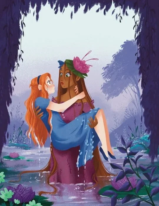 Une illustration de deux personnages féminins dans une forêt aquatique, l'un d'eux portant une robe rose et un grand chapeau avec un papillon, tenant l'autre dans ses bras près de l'eau.