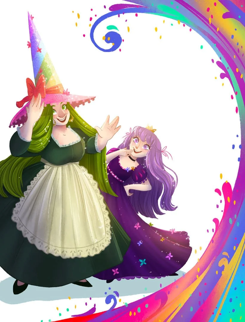 Deux sorcières illustrées, la première portant un chapeau pointu coloré et une robe noire avec une chemise blanche, sourit et fait un geste de salut. La seconde, avec de longues cheveux violets et une robe noire décorée de petits papillons, semble chuchoter ou rire. Une bordure colorée et fleurie encadre la scène.