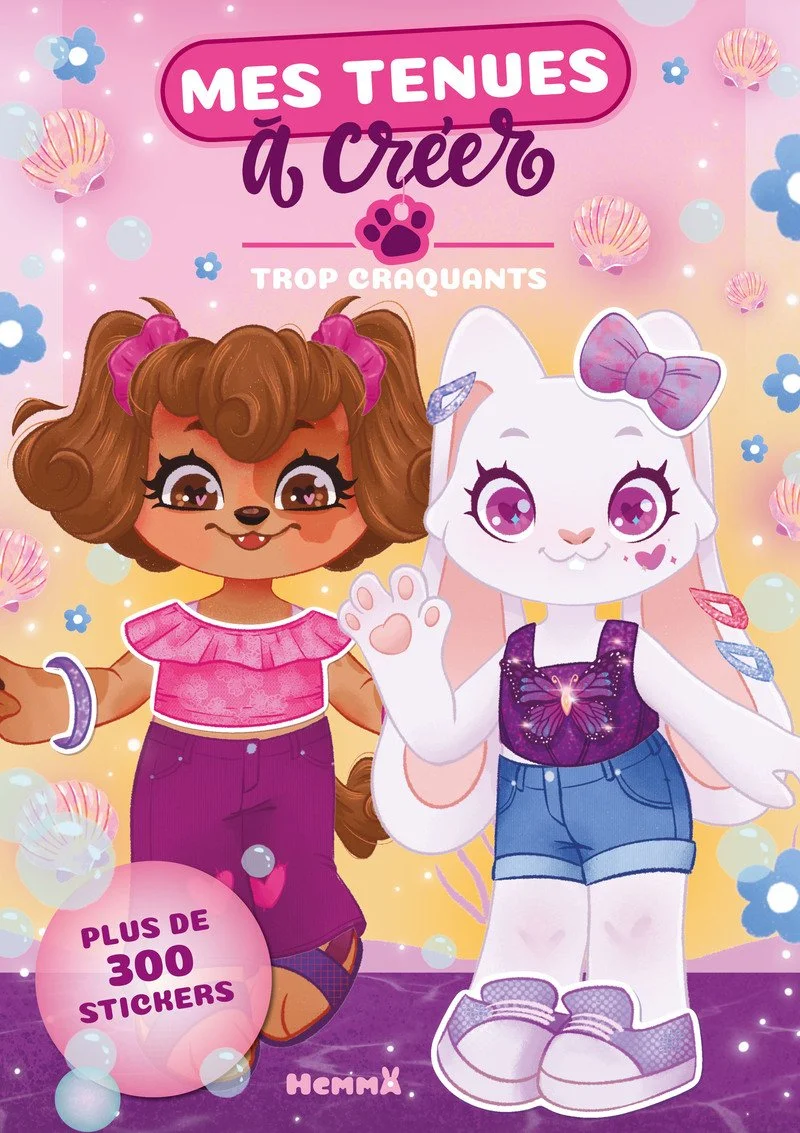Couverture d'un livre pour enfants avec deux personnages anthropomorphes, un lapin avec un gros nœud rose, l'autre un chien brun avec des nœuds roses, présentant des vêtements et des accessoires colorés.
