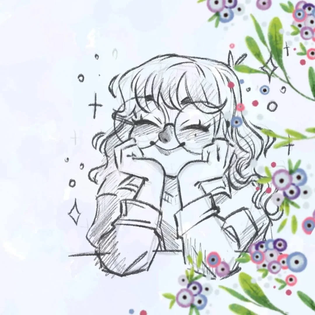 Dessin d'une fille souriante, avec des lunettes, entourée de fleurs et de petits dessins décoratifs.