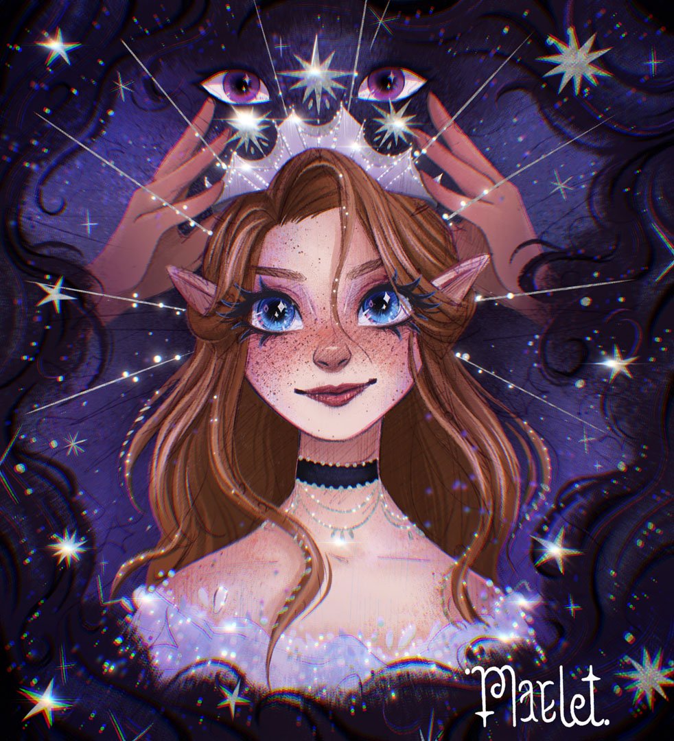 Une illustration d'une jeune elfe aux grands yeux bleus, aux oreilles pointues et aux cheveux bruns, entourée d'étoiles et de lumières éclatantes, avec un fond sombre et orné de motifs étoilés.