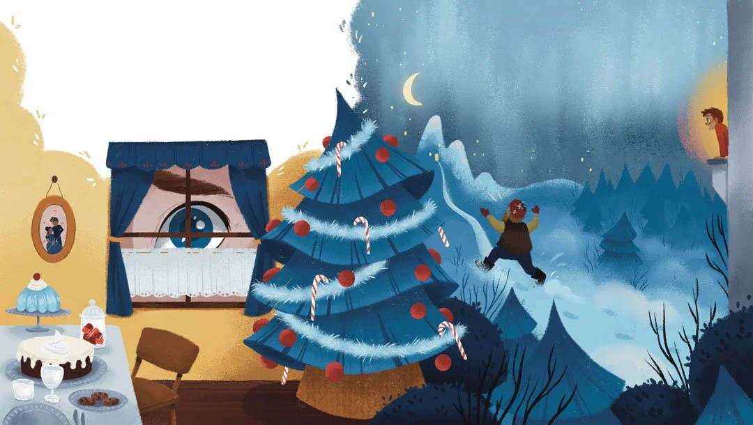 Décor de Noël avec un sapin décoré, un gâteau, des friandises et un enfant regardant la neige depuis une fenêtre, dans une chambre.