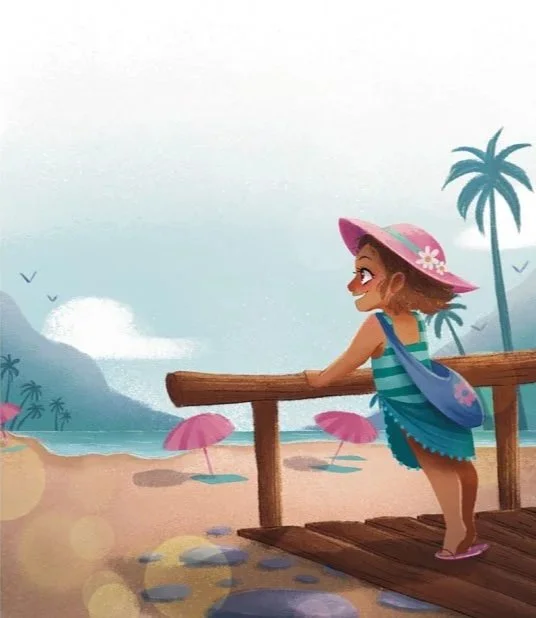 Une jeune fille en maillot de bain, portant un chapeau rose et un sac à dos, regarde la mer depuis une jetée, avec des parasols roses sur la plage et des palmiers en arrière-plan.