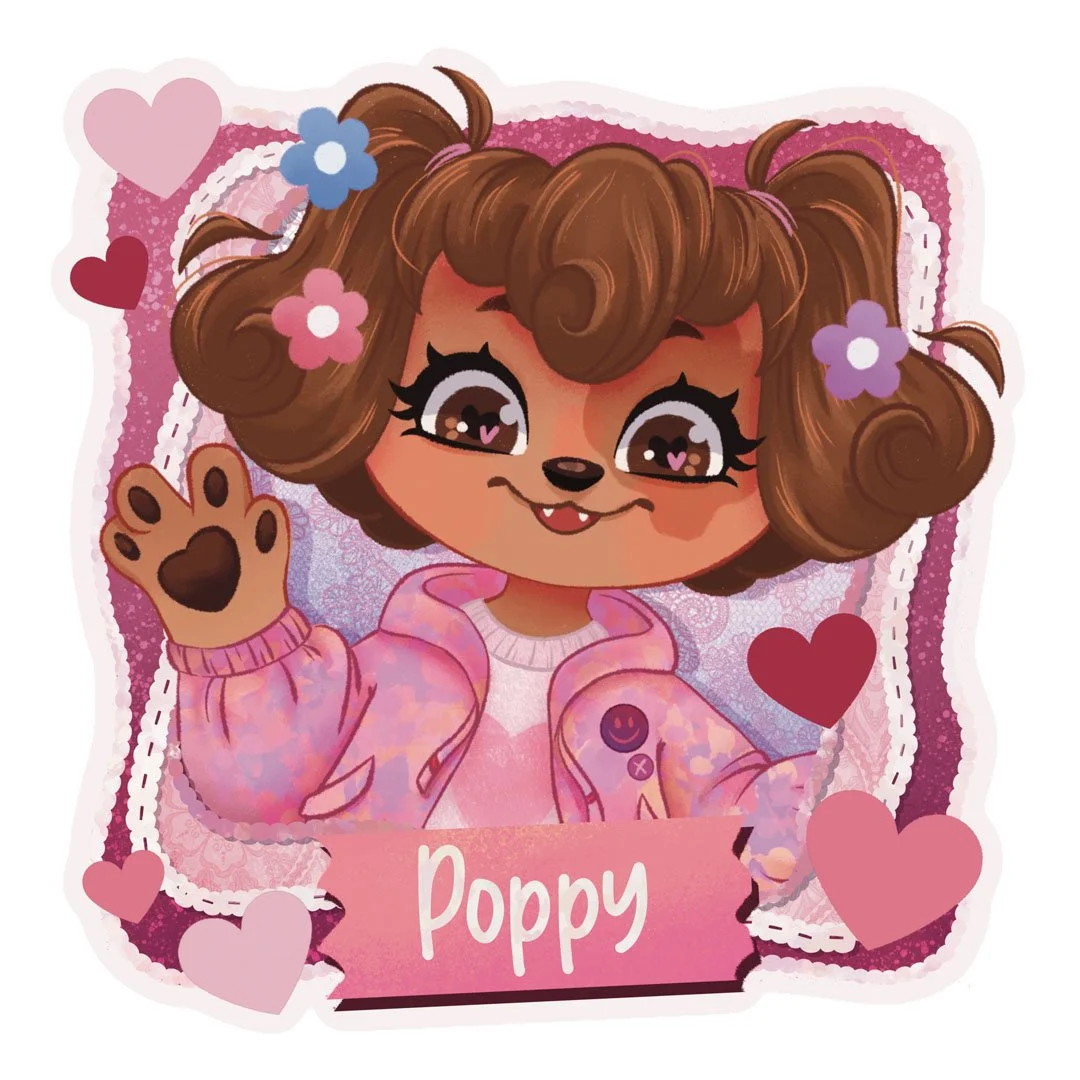 Une illustration d'une jeune fille mignonne avec de grands yeux bruns, portant une veste rose, faisant un signe de la main, entourée de cœurs et de fleurs, avec le nom 'Poppy' en bas.