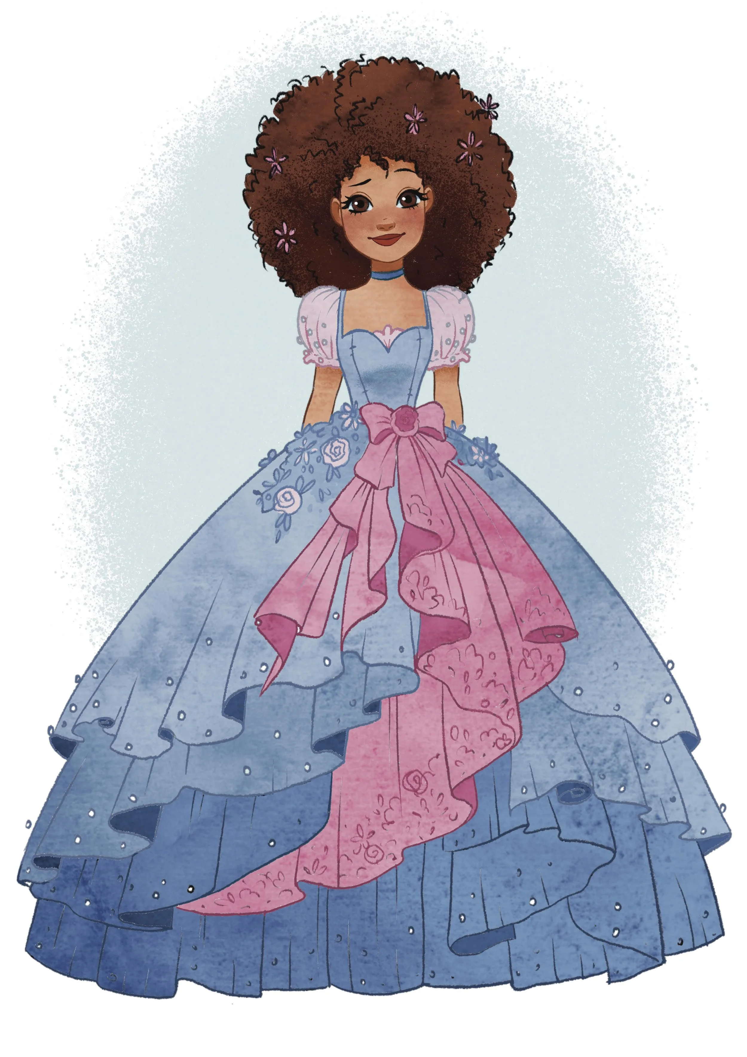 Une jeune femme avec de longs cheveux bouclés bruns, portant une robe de bal rose et bleue avec des détails floral, décorée de fleurs dans les cheveux, sur un fond clair.