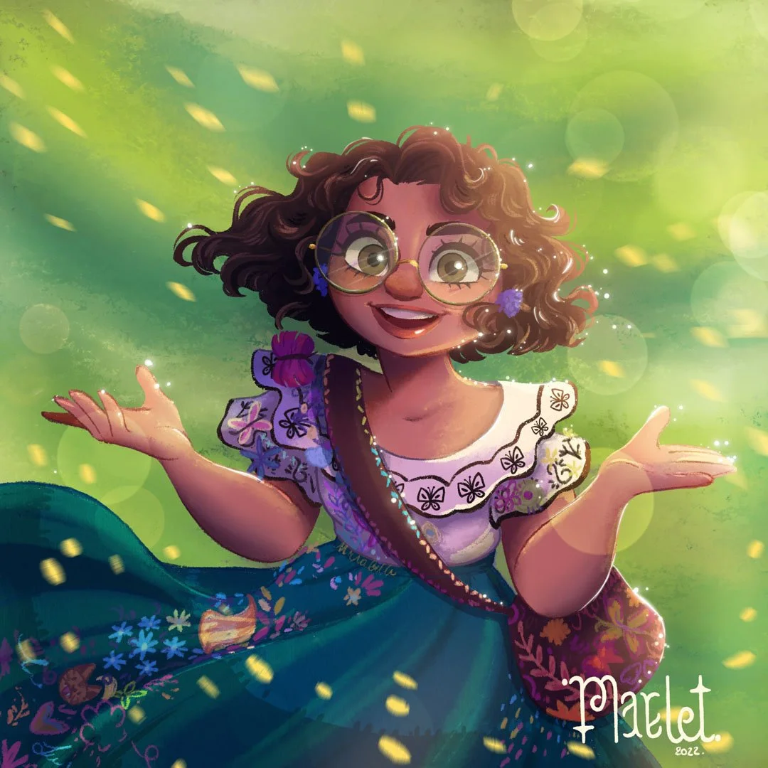 Illustration d'une jeune femme avec des cheveux bouclés, portant une robe colorée avec des motifs floraux, des lunettes rondes, dans un paysage lumineux et verdoyant. La signature "Marlet" et l'année 2022 sont visibles en bas à droite.