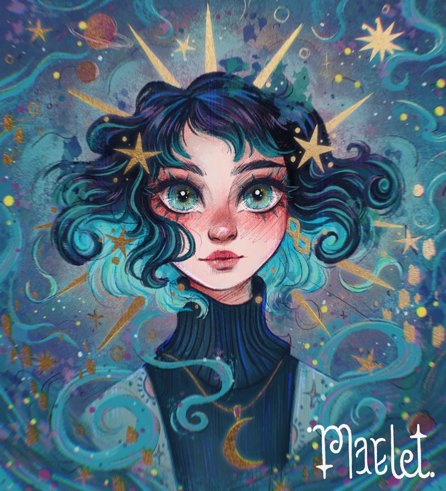Illustration d'une jeune fille avec de grands yeux verts, cheveux bouclés bleus et noirs, entourée d'étoiles et de motifs cosmiques, avec le nom 'Marlet' écrit en bas à droite.