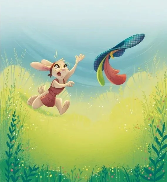 Une lapine en vêtements court dans une prairie verte et essaie d'attraper un chapeau coloré.