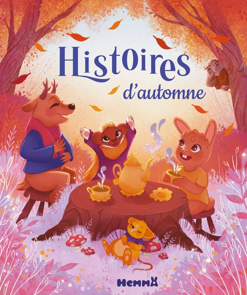 Illustration d'automne avec quatre animaux anthropomorphes autour d'une table en bois, buvant du thé, dans une forêt aux arbres aux couleurs automnales, avec des feuilles tombantes.