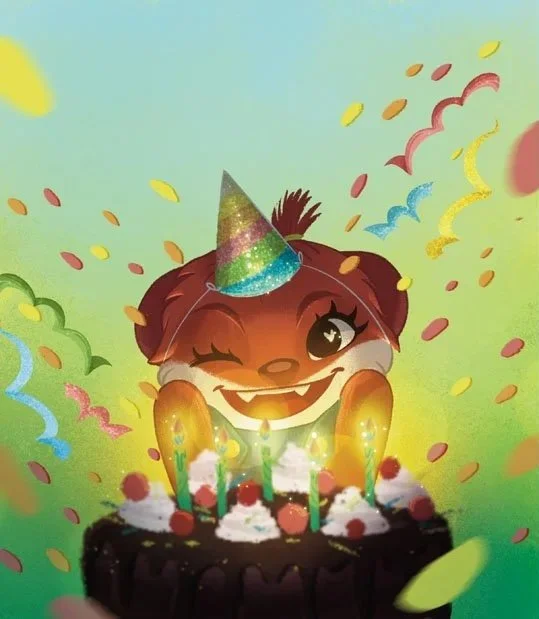 Un personnage de dessin animé belette fête son anniversaire avec un chapeau de fête, un gâteau avec des bougies et des confettis colorés dans un décor festif.