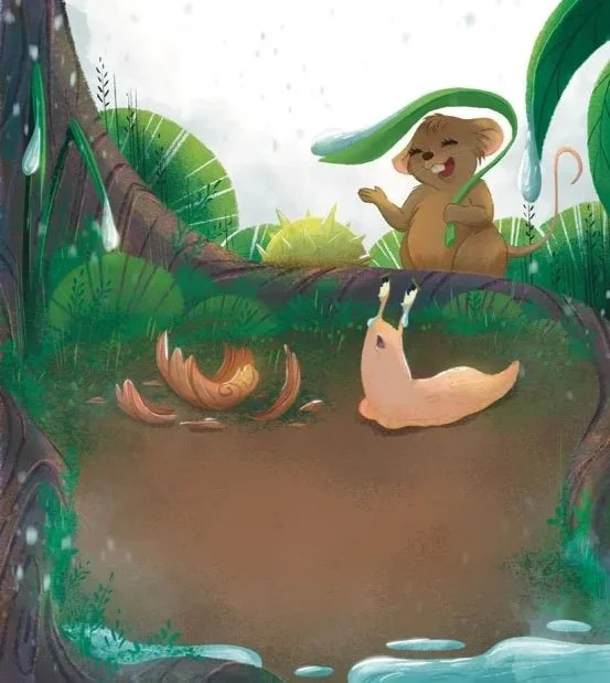 Une illustration d'un escargot et d'une souris dans une forêt,  avec des feuilles et des arbres en arrière-plan.