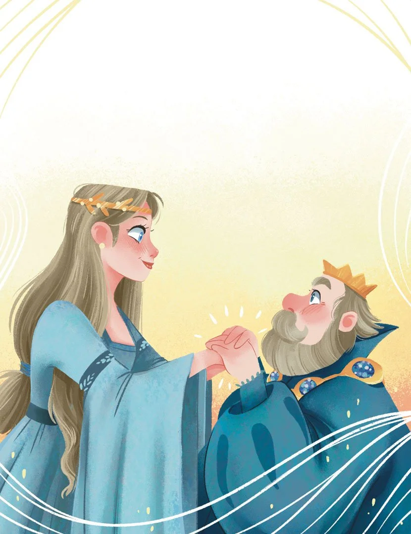 Une illustration d'une princesse et d'un roi se tenant la main, souriant avec affection, dans un style artistique coloré et doux.