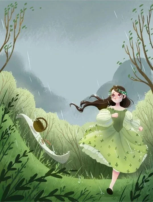 Une jeune fille en robe verte dans une forêt pendant la pluie, avec un arbre tombé et un panier.