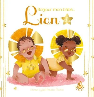 Illustration de deux bébés habillés en lions avec des crinières dorées, assis dans l'herbe. Titre en français "Bonjour mon bébé... Lion".