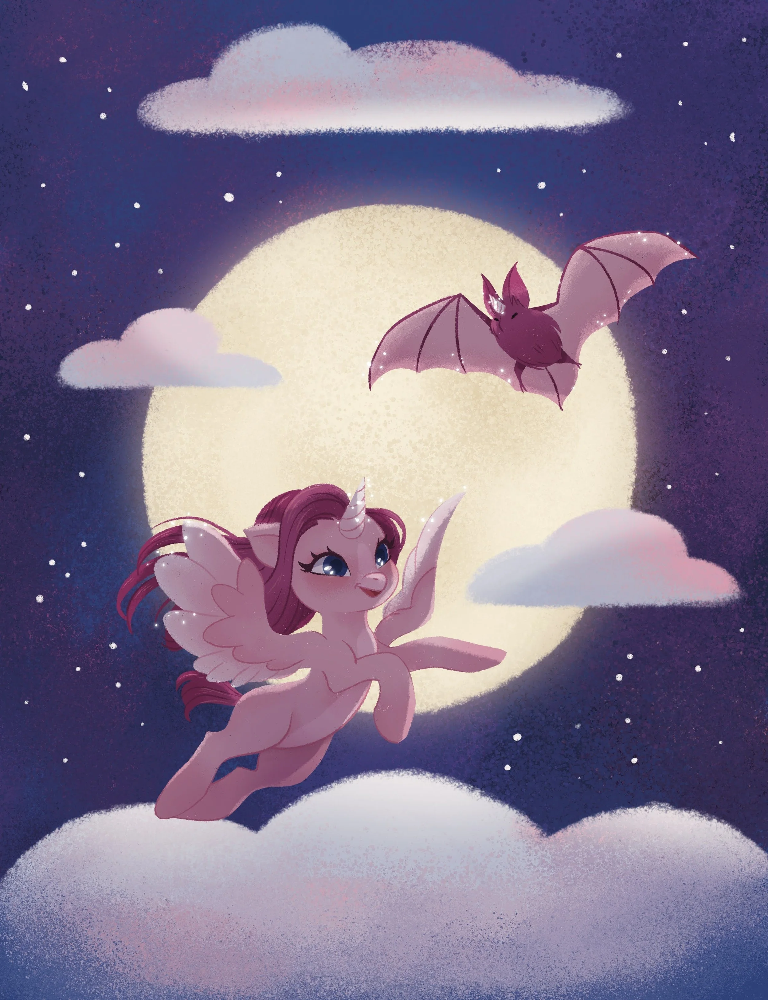 Une illustration d'une licorne rosa à ailes dans un ciel nocturne, volant parmi des nuages, avec la lune en arrière-plan et des étoiles autour.