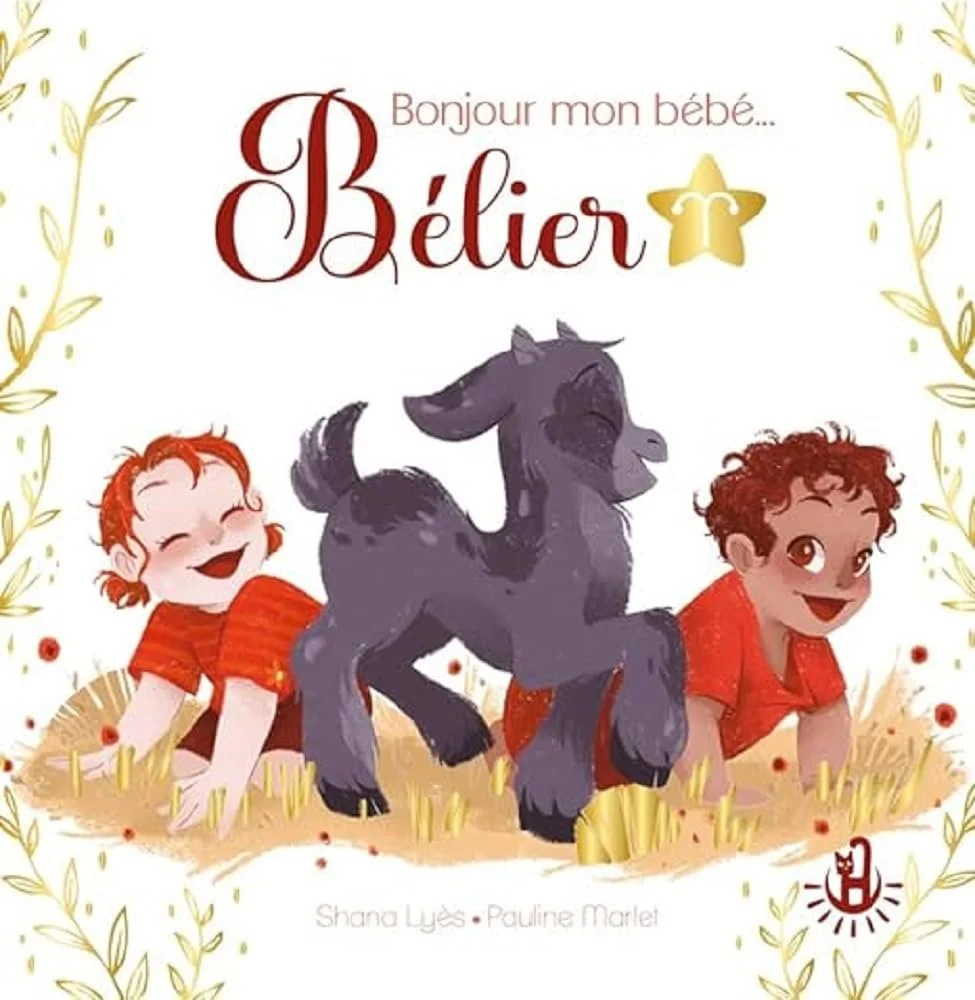 Couverture de livre illustrée avec deux enfants et un chien, texte en français 'Bonjour mon bébé... Bélier'.