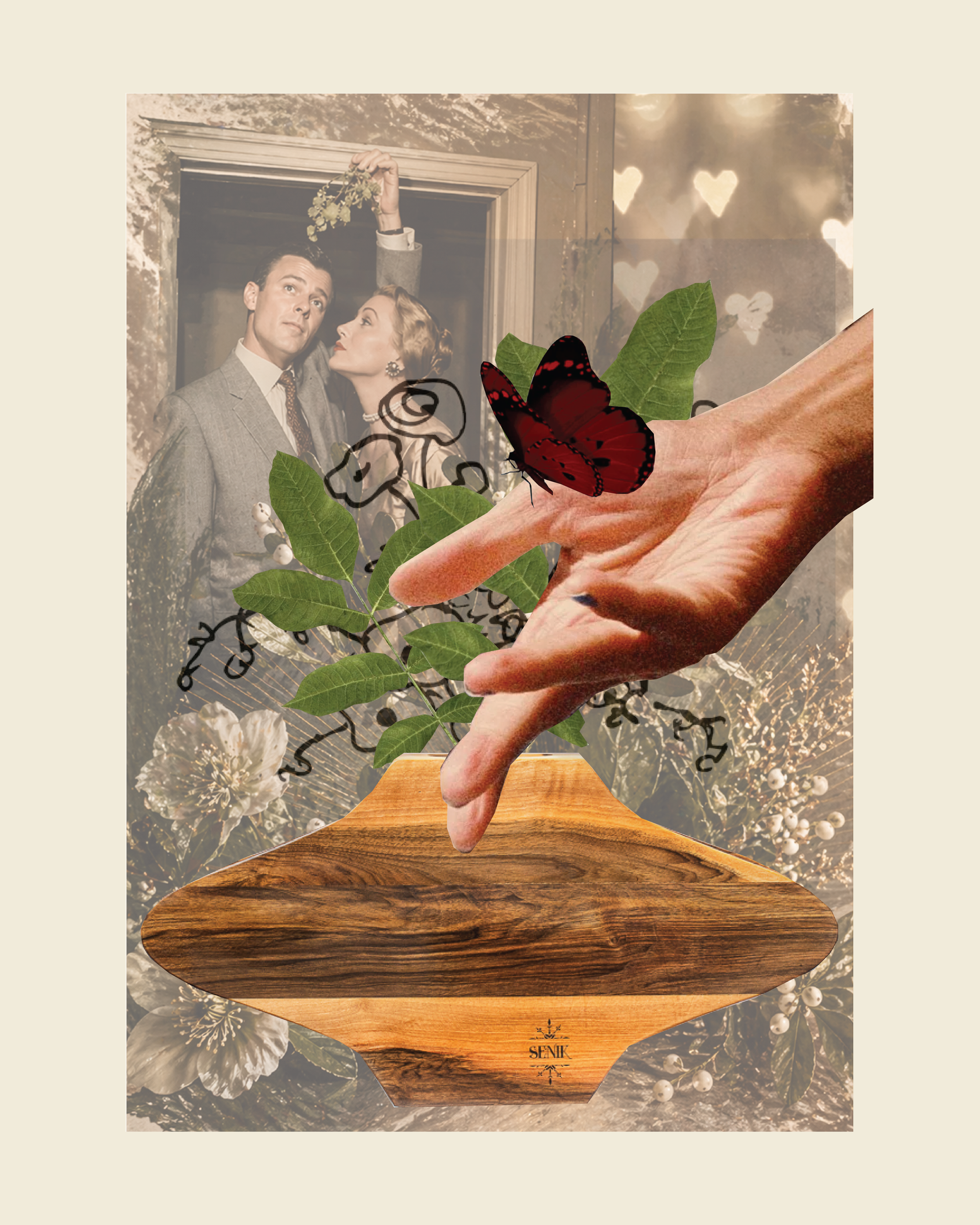 A vintage wedding photo of a man and woman, with a woman reaching down from a doorway, surrounded by digital illustrations of green leaves, black line drawings of a butterfly, and a red butterfly perched on a hand that is holding a bouquet of white flowers. The background is filled with soft holiday-themed bokeh lights.