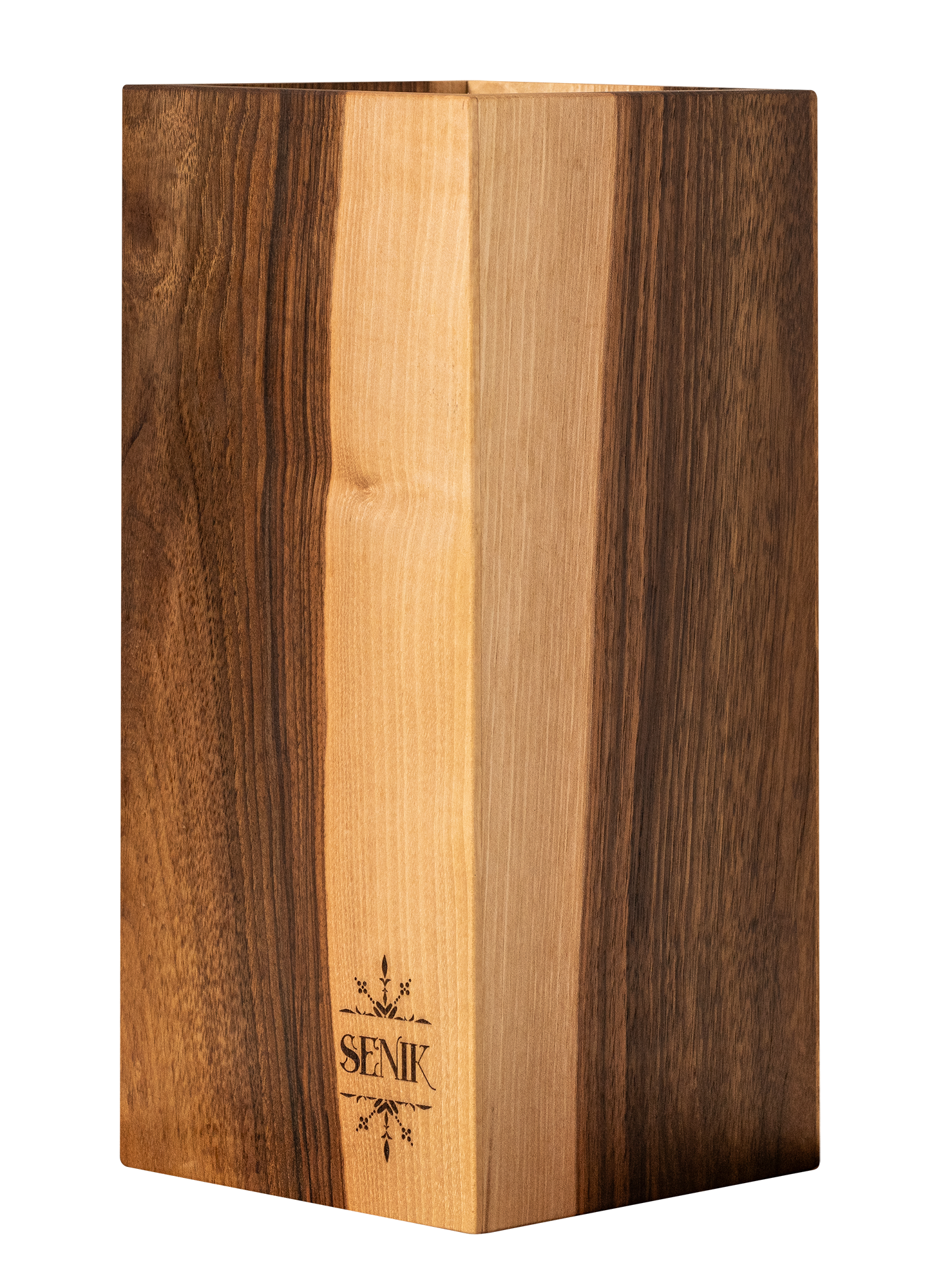 A wooden box with a two-tone alternating pattern, with dark and light wood stripes, and a small decorative design with the word 'SENIK' at the bottom.
