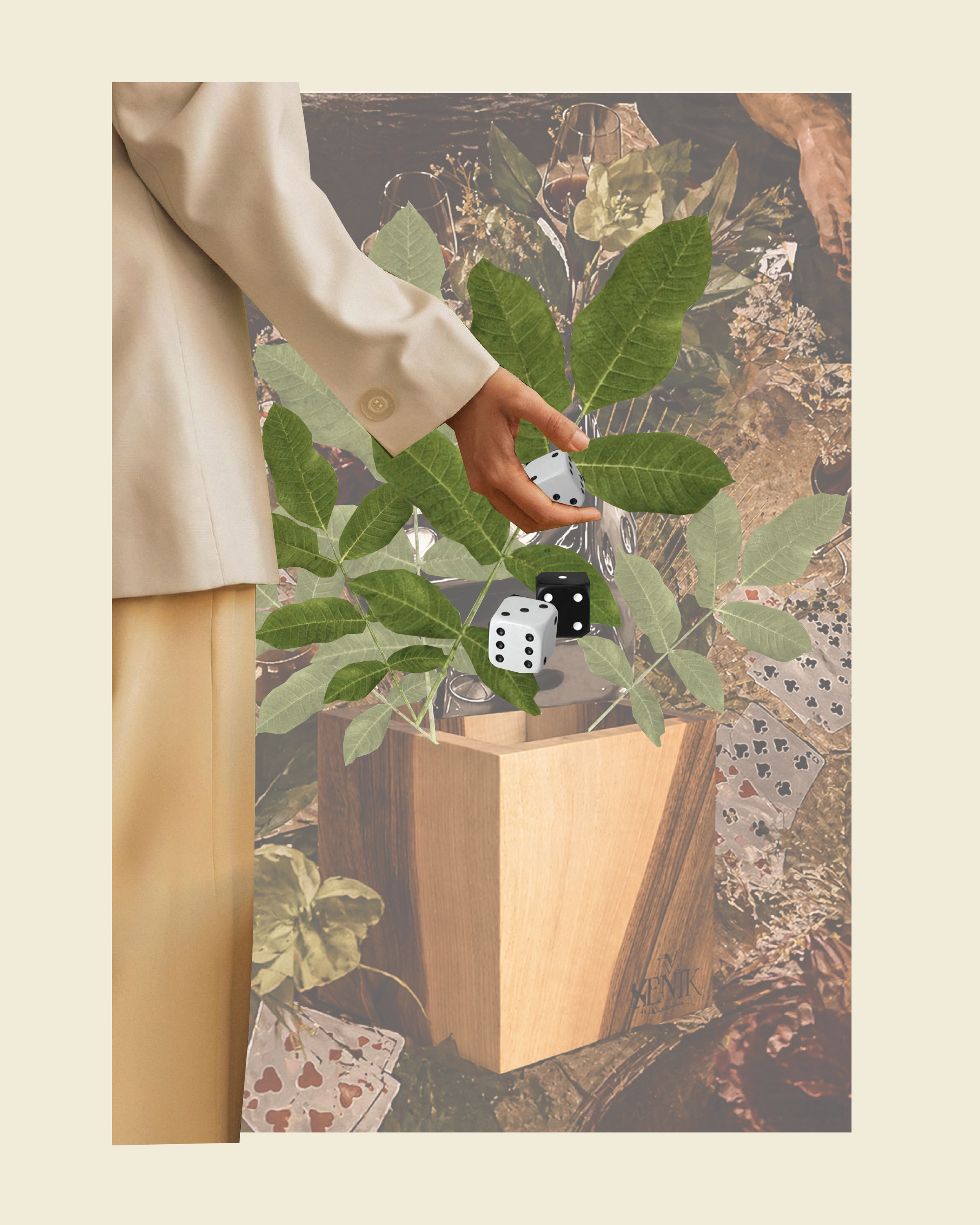 A woman is dressed in a beige coat and is holding a white dice with black dots.