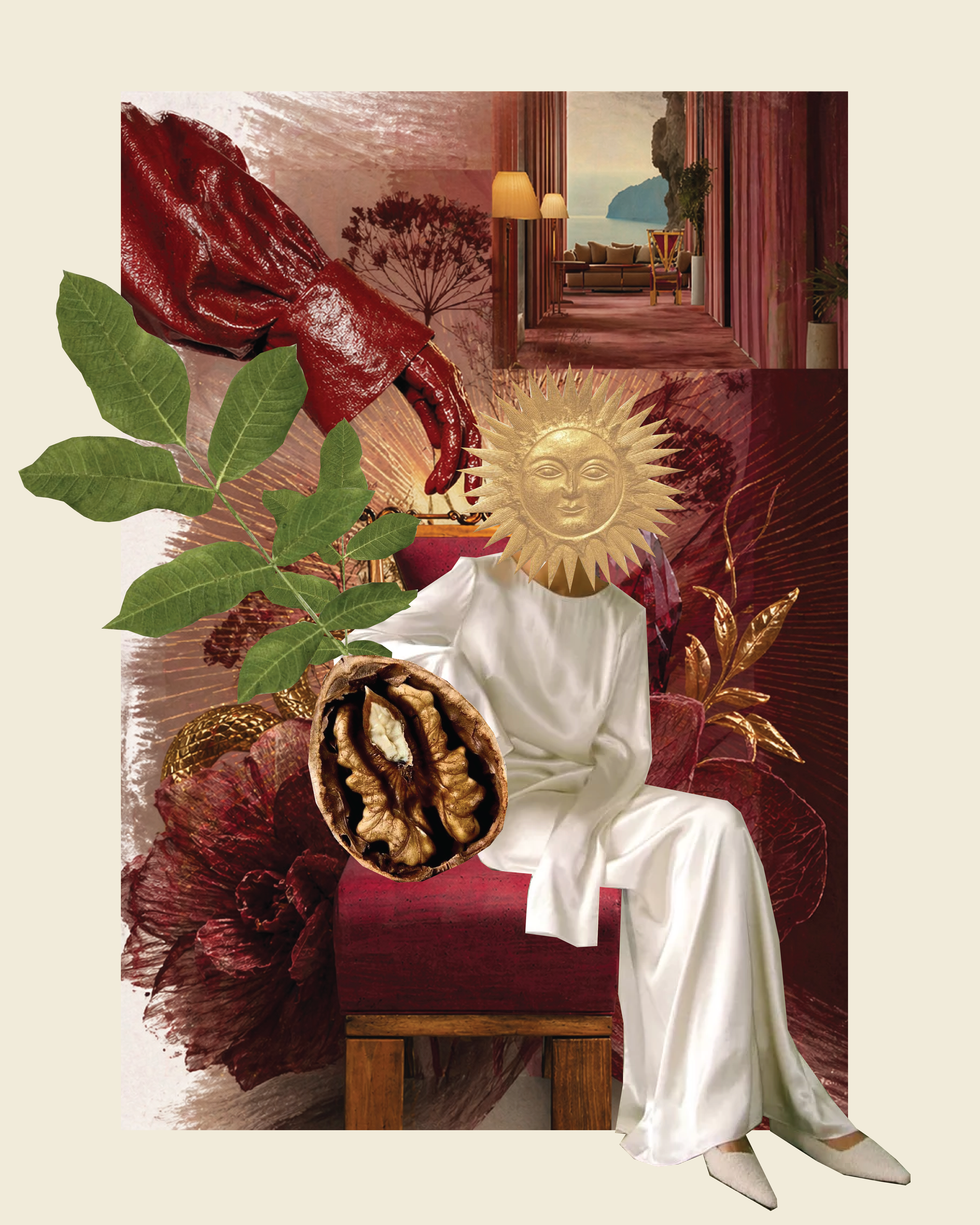 Collage featuring a red leather glove, green leaves, a gold sun face ornament, a walnut with shell, a white draped fabric, a wooden stand with plants, and a background with a room view of a sofa and landscape through a window.