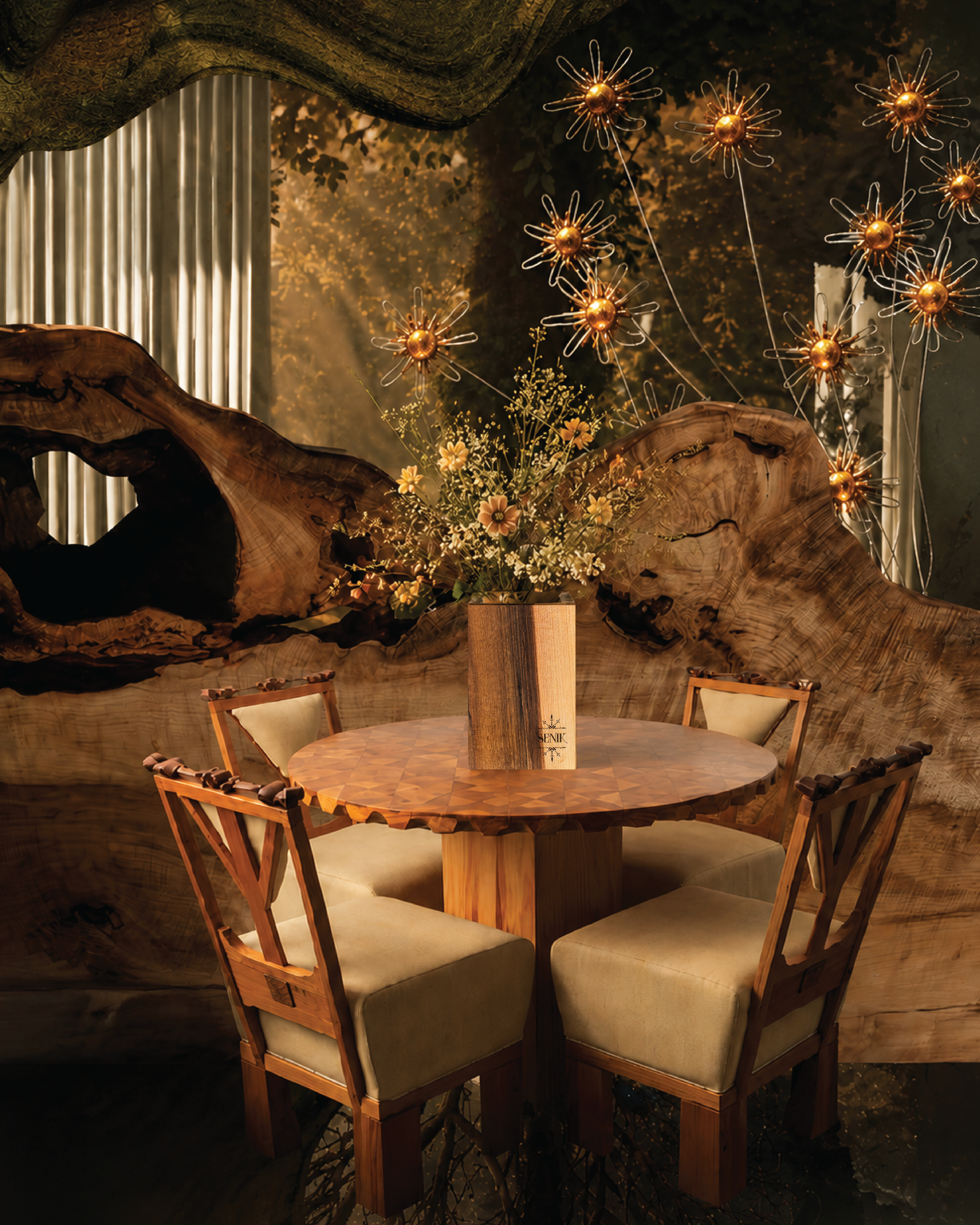 A round wooden table surrounded by six wooden chairs with beige padded seats. A large wooden centerpiece or sculpture is on the table, with the word 'SENIK' engraved on it. The background features a decorative wall with a natural wood pattern, fake floral elements, and bright, artistic lighting that highlights hanging metallic floral decorations.