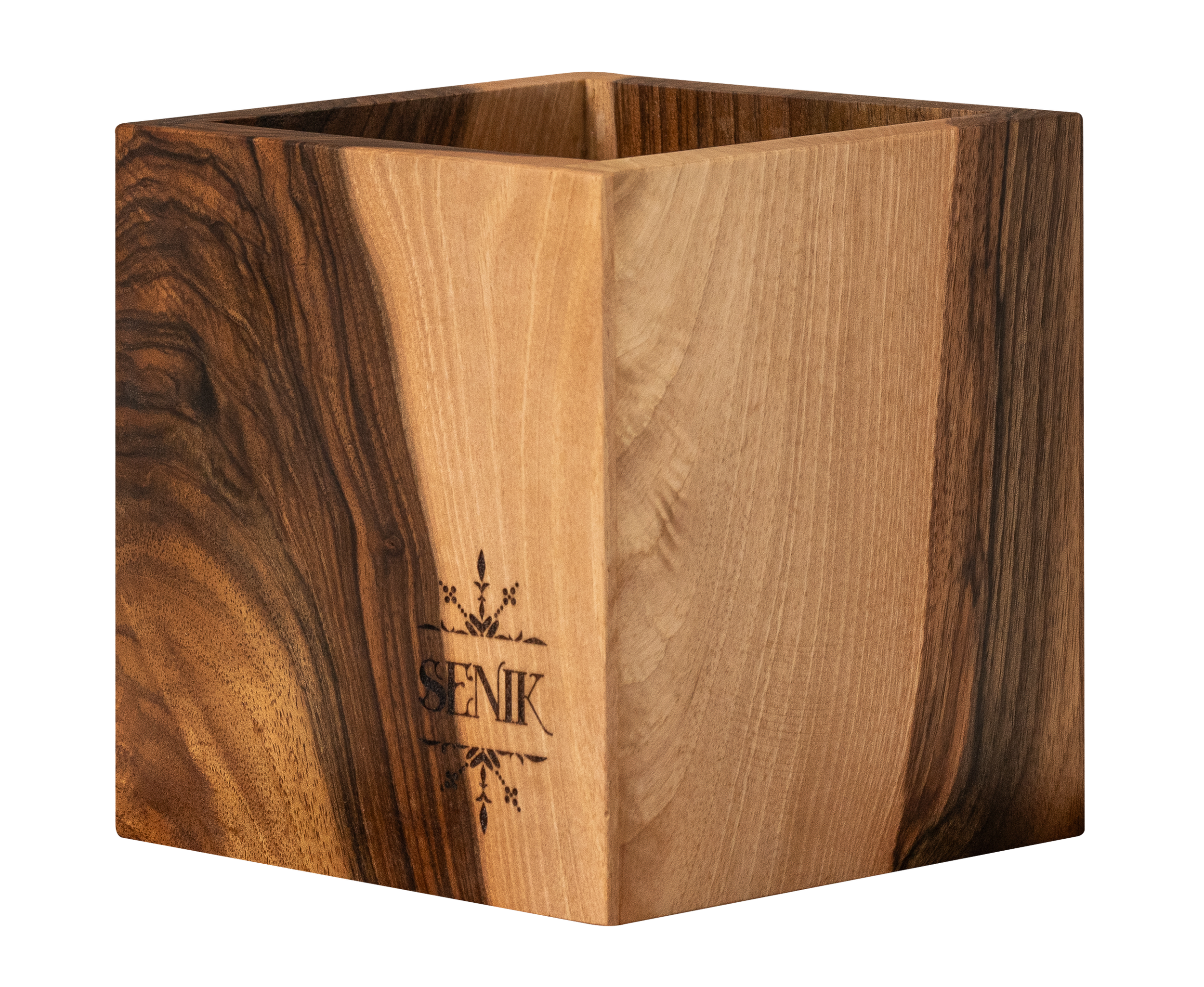 A wooden rectangular planter box with a decorative design and the text 'SENEZ' engraved on one side.