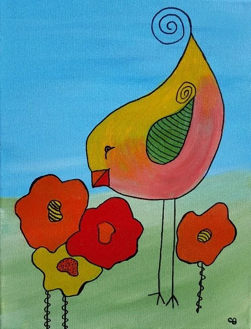 BIRD SMELLING FLOWERS