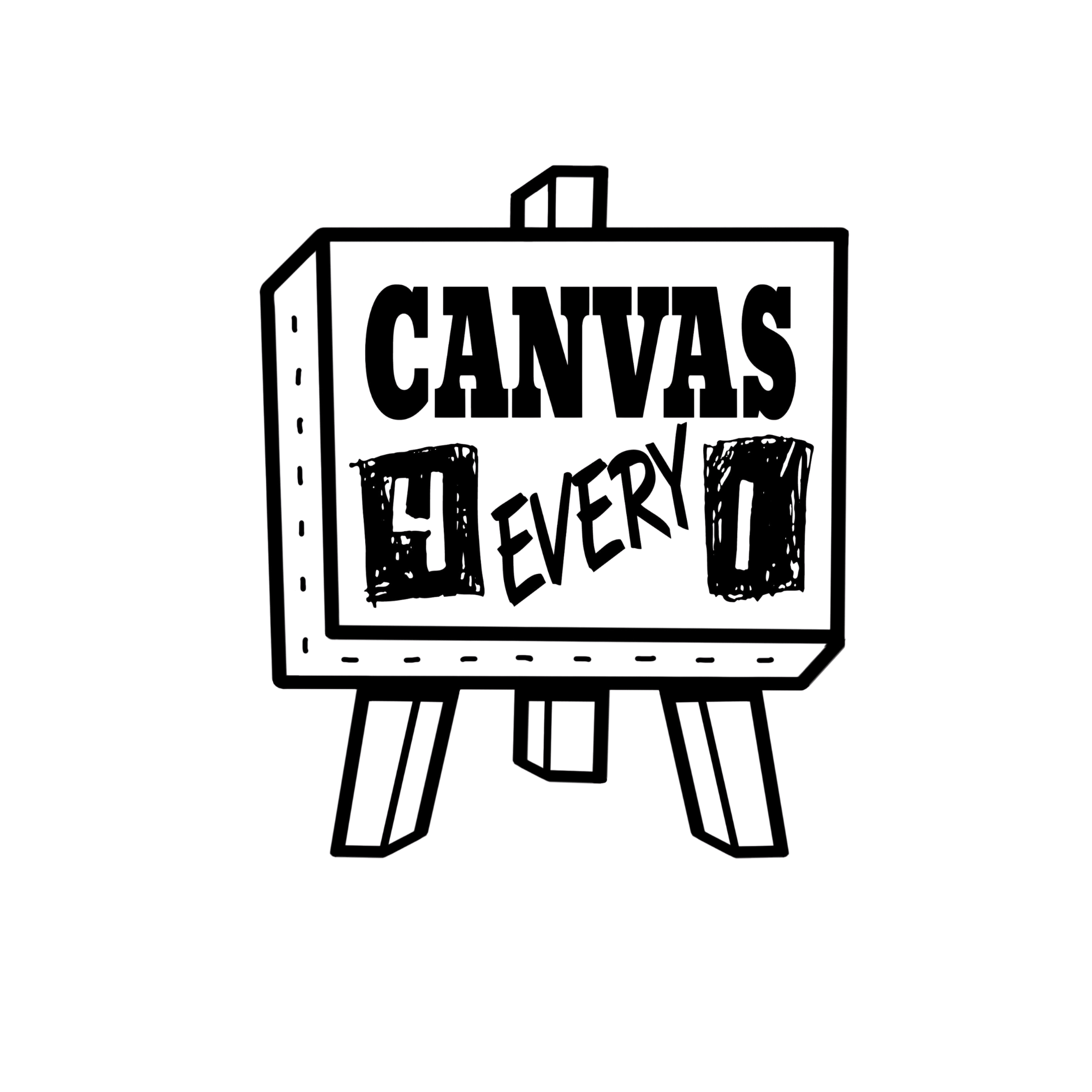 Outline drawing of a billboard sign that reads 'Canvas & Beverage' with decorative elements.