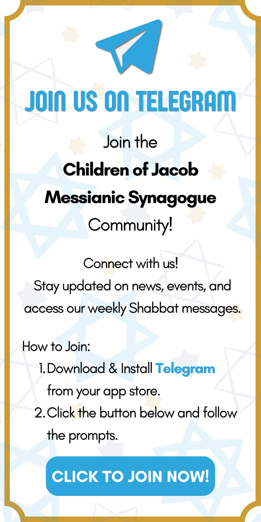 Invitation to join the Children of Jacob Messianic Synagogue community on Telegram with instructions to download Telegram and follow prompts, featuring a blue Telegram logo at the top and a blue join button at the bottom.