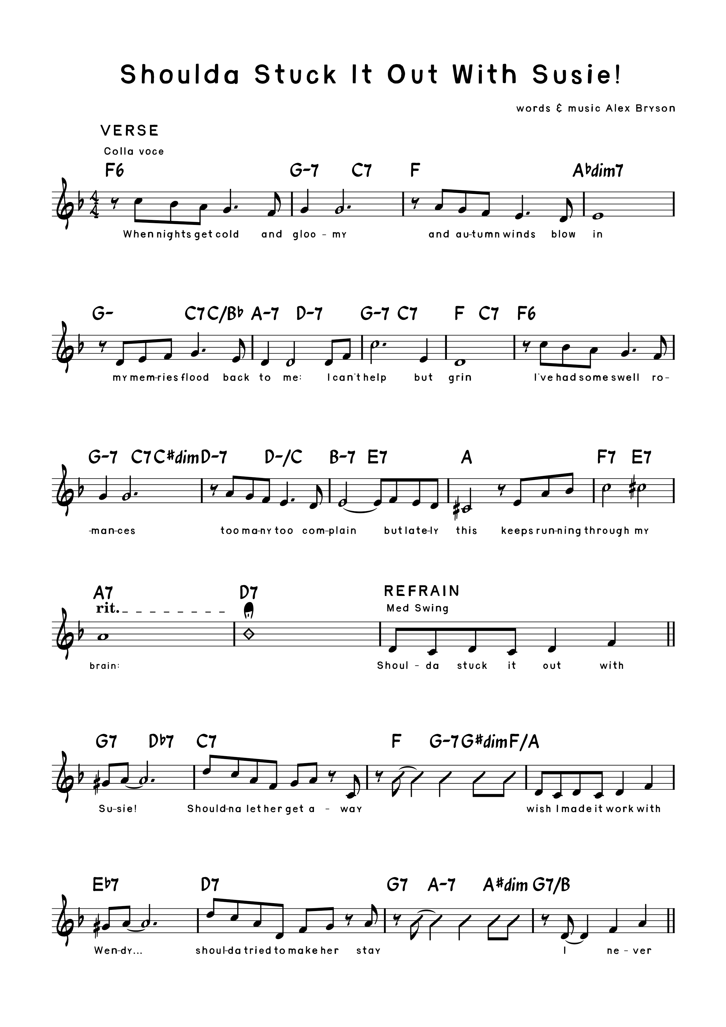 Music sheet for the song "Shoulda Stuck It Out With Susie!" featuring lyrics, chord notations, and a melody line.