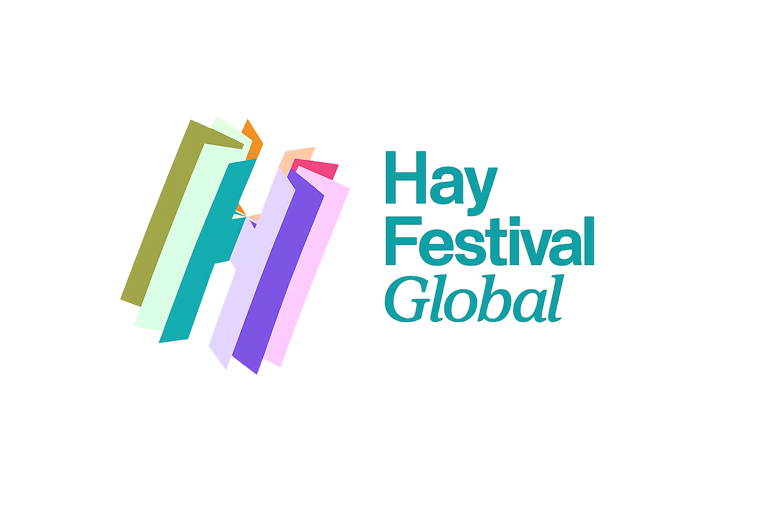 Hay Festival logo with a colorful abstract graphic with the text on a dark background.