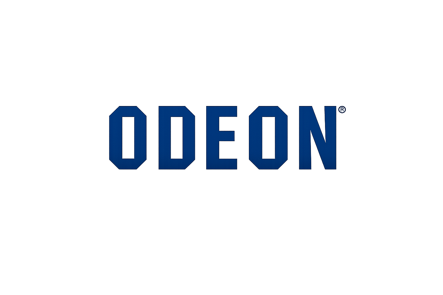 Odeon logo as a blue and black illuminated sign on a transluscent background
