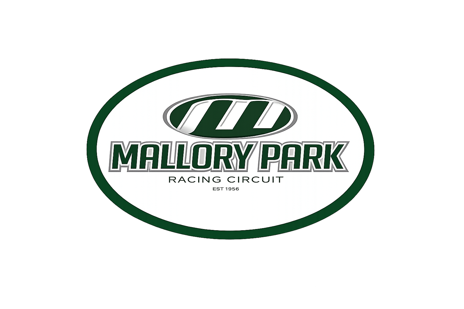 Mallory Park Racing Circuit logo with green oval border, featuring a stylized green and white 'W' at the top, and text indicating the establishment year 1956.
