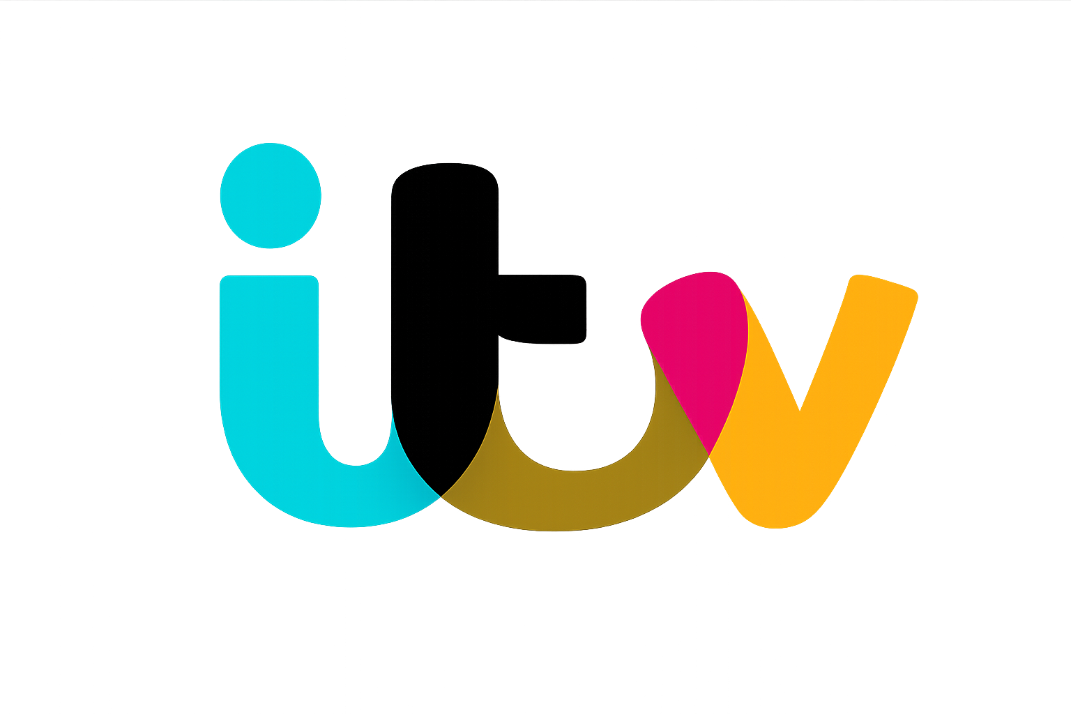 ITV logo as colorful letters with a gray, black, pink, and yellow background