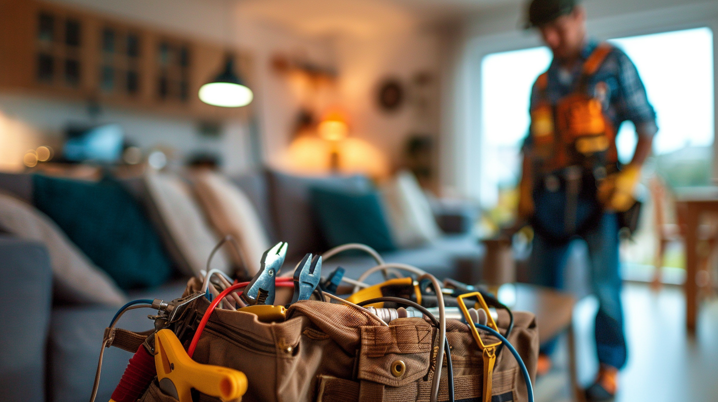 A bag of electrical tools and wires on a table with a man in work clothes in the background of a cozy, warmly lit living room.