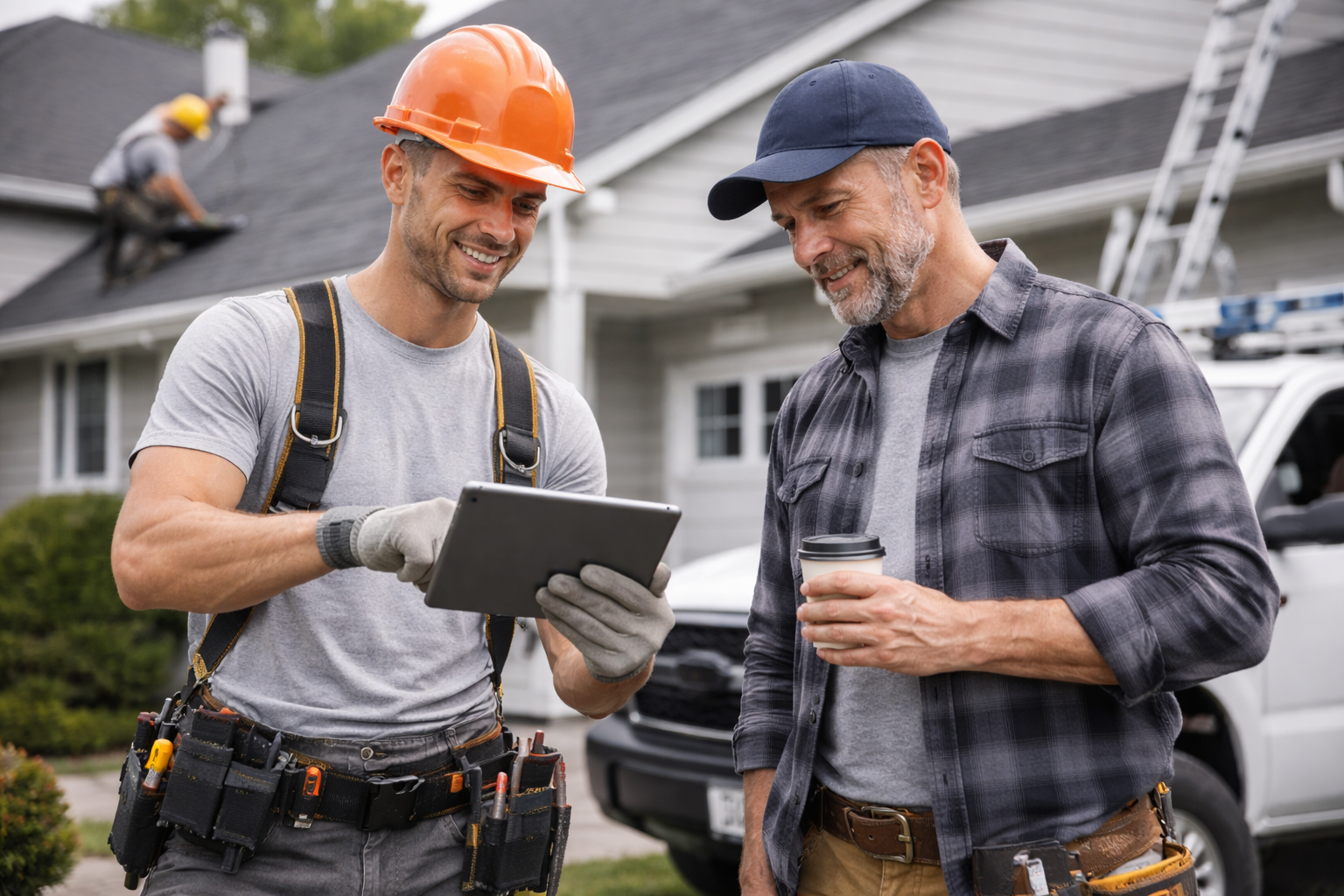 A handyman showing a tablet to a homeowner outside a house with a worker on the roof in the background.