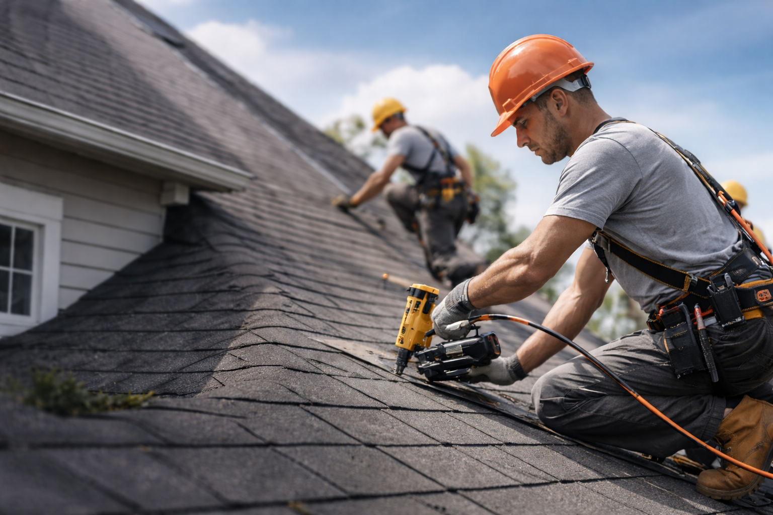 Workers in hard hats repairing a roof with shingles using power tools.